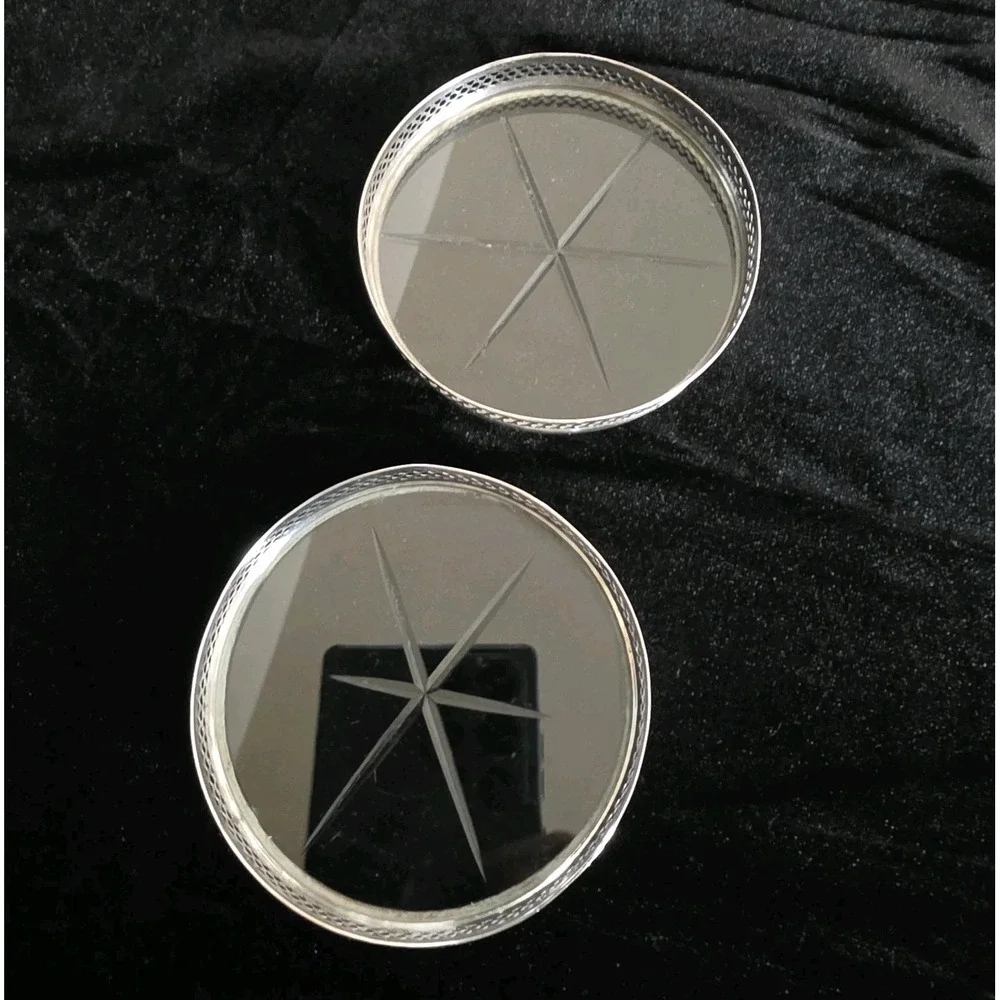 Set Of 2 Webster Sterling Silver Reticulated Cut Glass Starburst Coasters READ